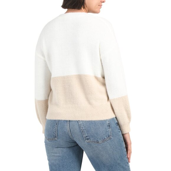 THEO & SPENCE WHITE/TAN Feathered Two Tone Crew Neck Sweater - Picture 2 of 2